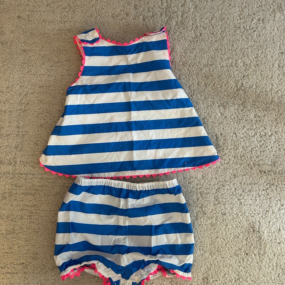 Jacadi Blue White Baby Outfit with Pink Accents